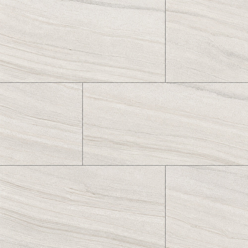 Mythos Arena Polished 12x24 R Porcelain Tile large-format installed close-up
