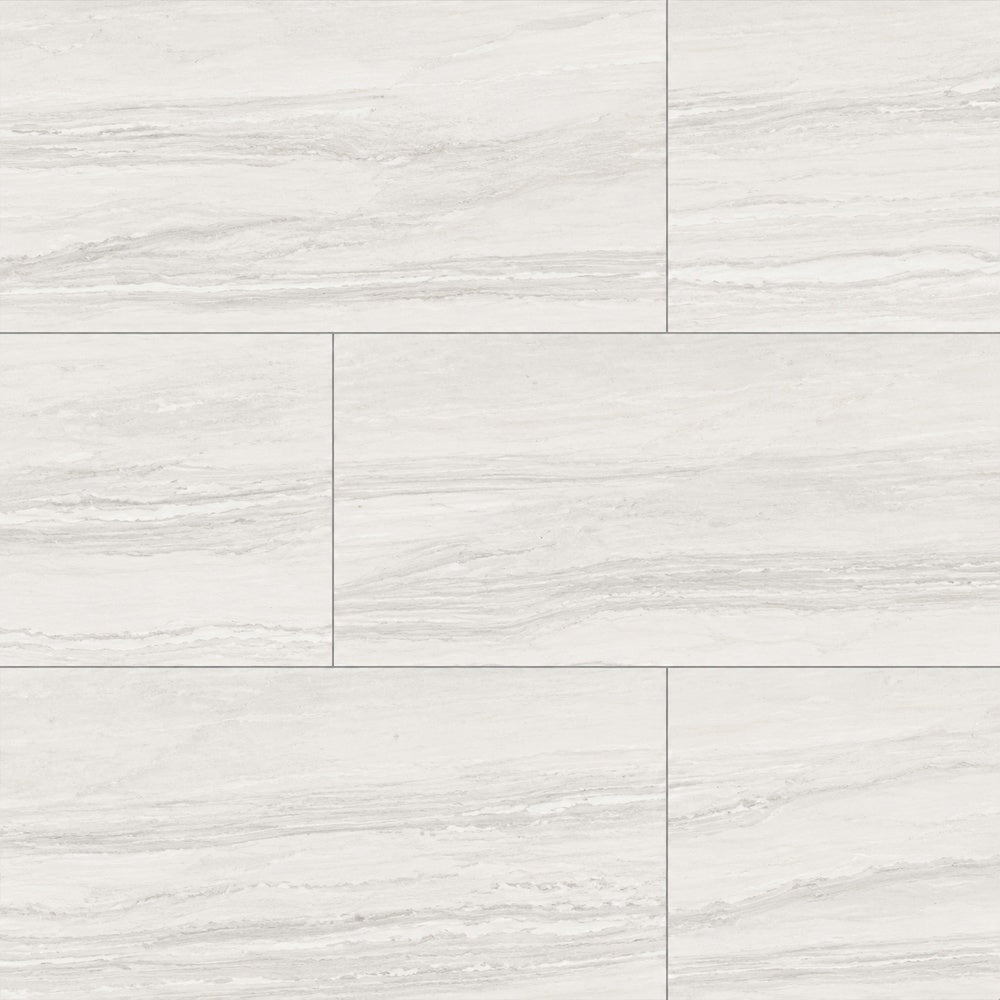 Mythos Blanco 12x24 Porcelain Tile large-format installed close-up