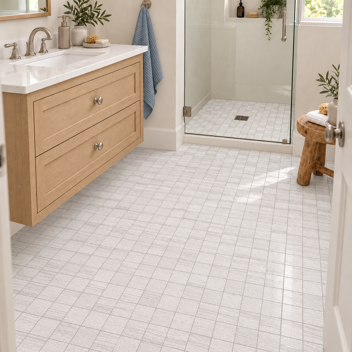 Mythos blanco 13x13-mosaic bathroom floor
