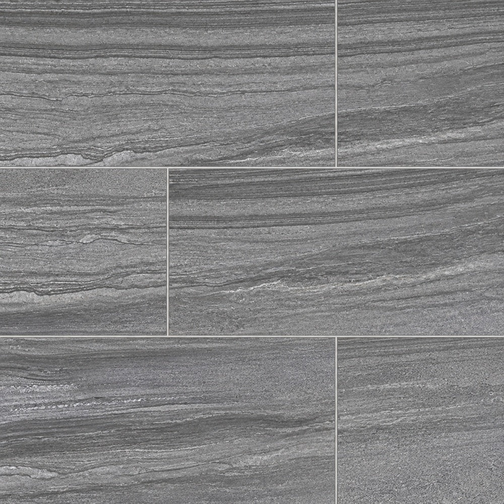Mythos Graphite 12x24 Porcelain Tile large-format installed close-up