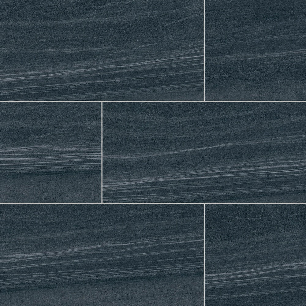 Mythos Graphite Polished 12x24 R Porcelain Tile large-format installed close-up