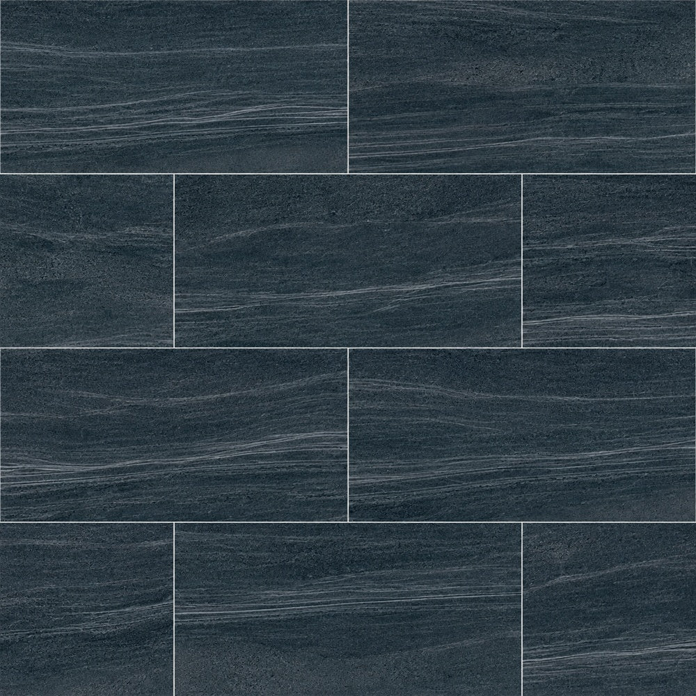 Mythos Graphite Polished 12x24 R Porcelain Tile installed tile close-up