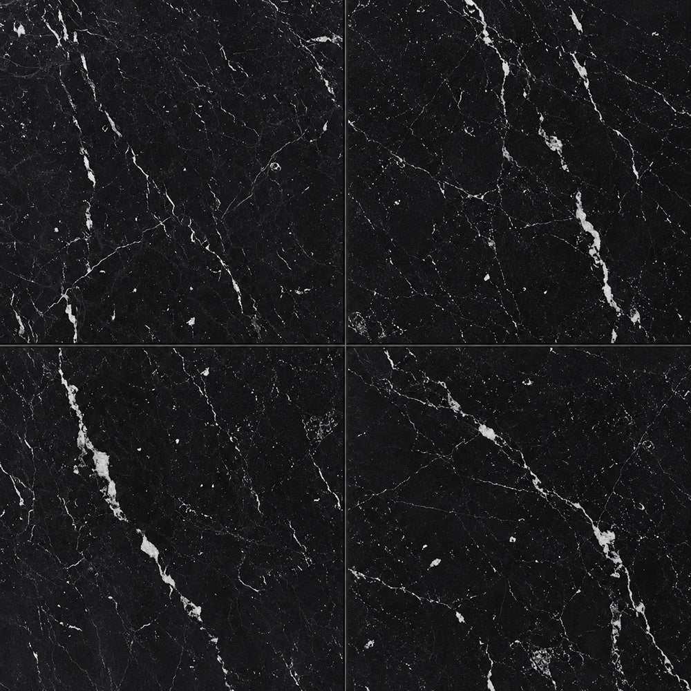 Nero Marquina 24x24 marble field tile installed close-up