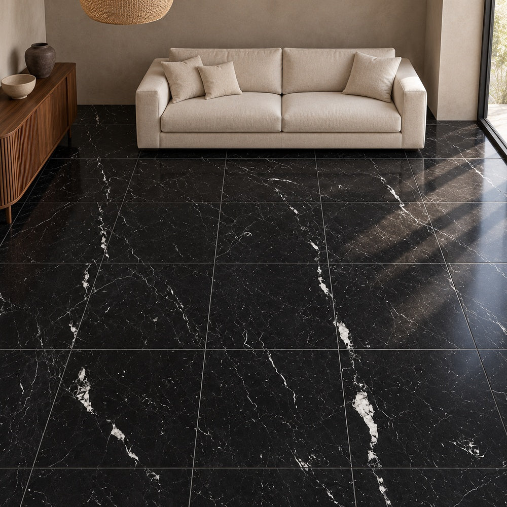 Nero Marquina 24x24 marble field tile floor room scene