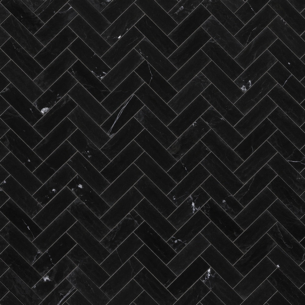 Nero Marquina 1×4 Herringbone Polished/Honed Marble Mosaic installed close-up
