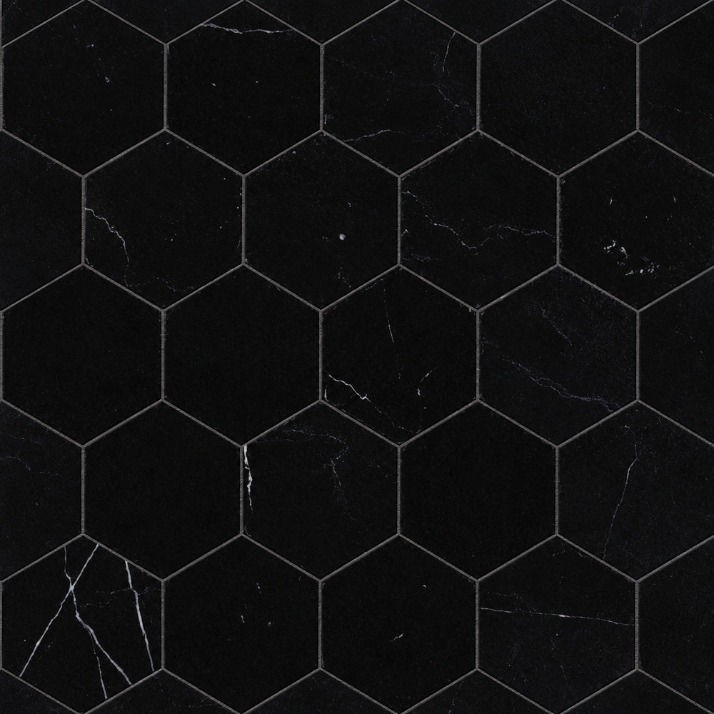 Nero Marquina 3 inch hexagon marble mosaic installed close-up