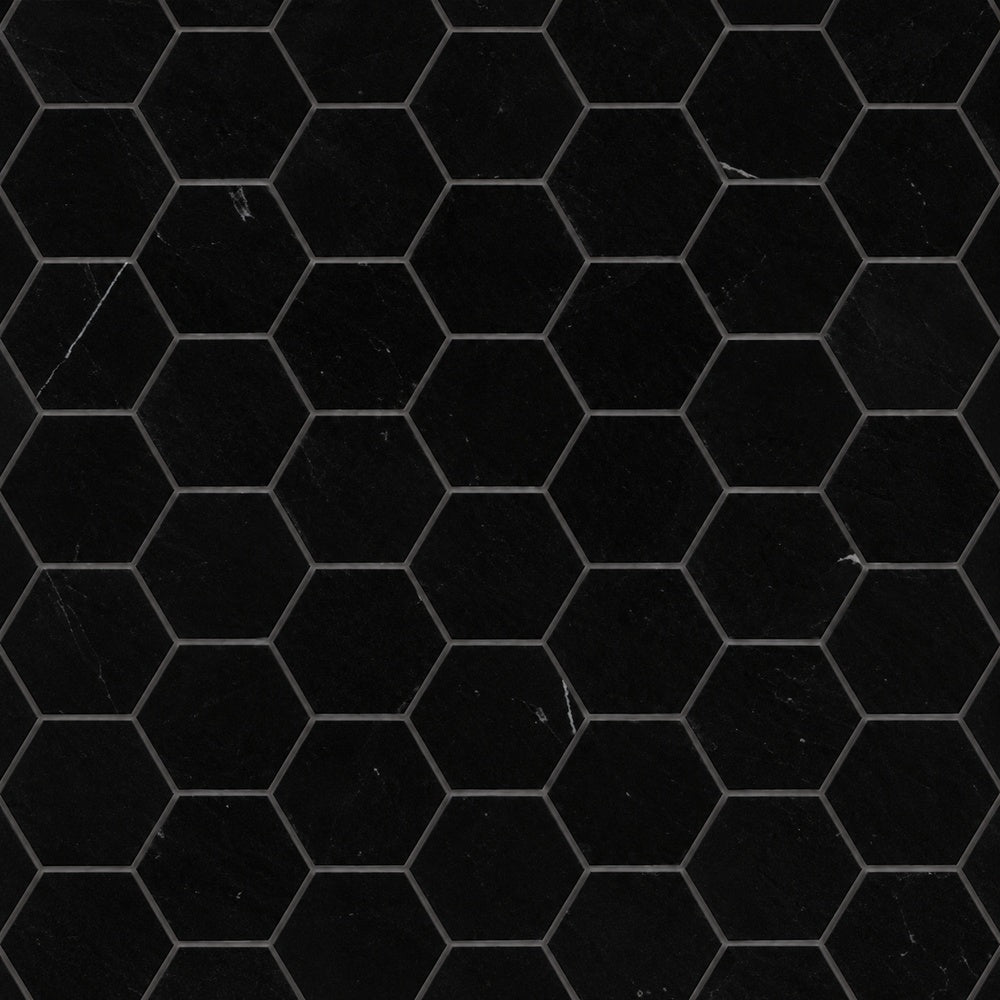 Nero Marquina 2 inch hexagon marble mosaic installed close-up