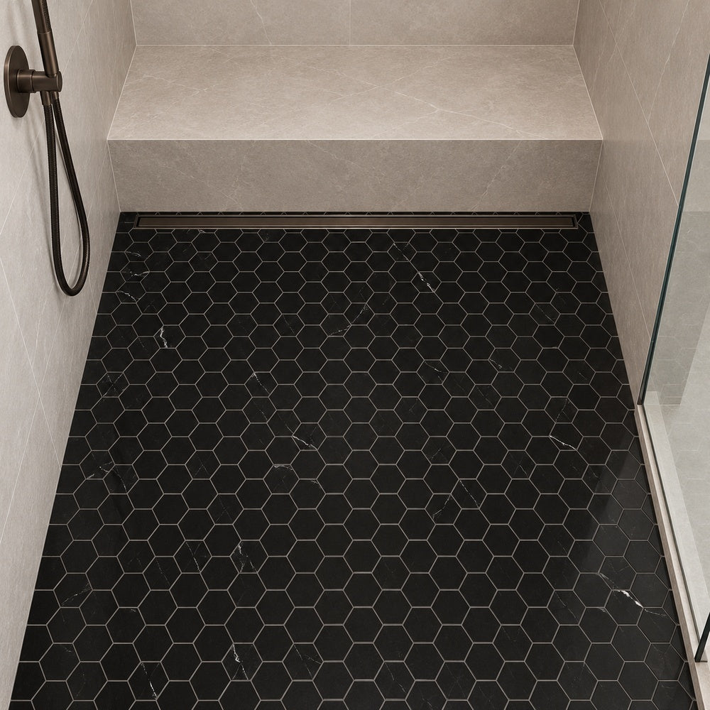 Nero Marquina 2 inch hexagon marble mosaic room scene