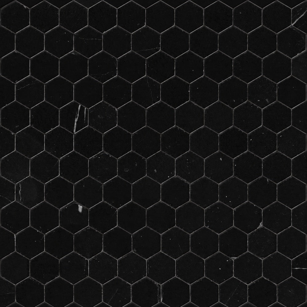 Nero Marquina 1 inch hexagon marble mosaic installed close-up