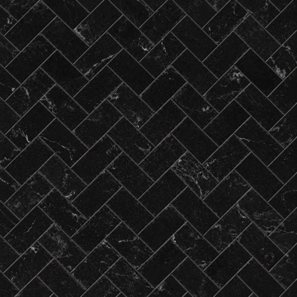 Nero Marquina 1x2 herringbone marble mosaic installed close-up