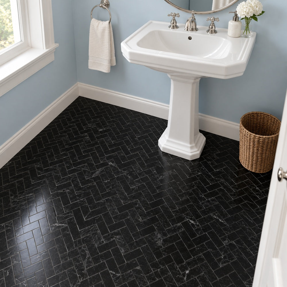 Nero Marquina 1x2 herringbone marble mosaic powder room floor installation