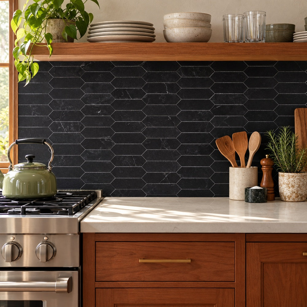Nero Marquina Elongated Hexagon Polished/Honed Marble Mosaic installed room scene