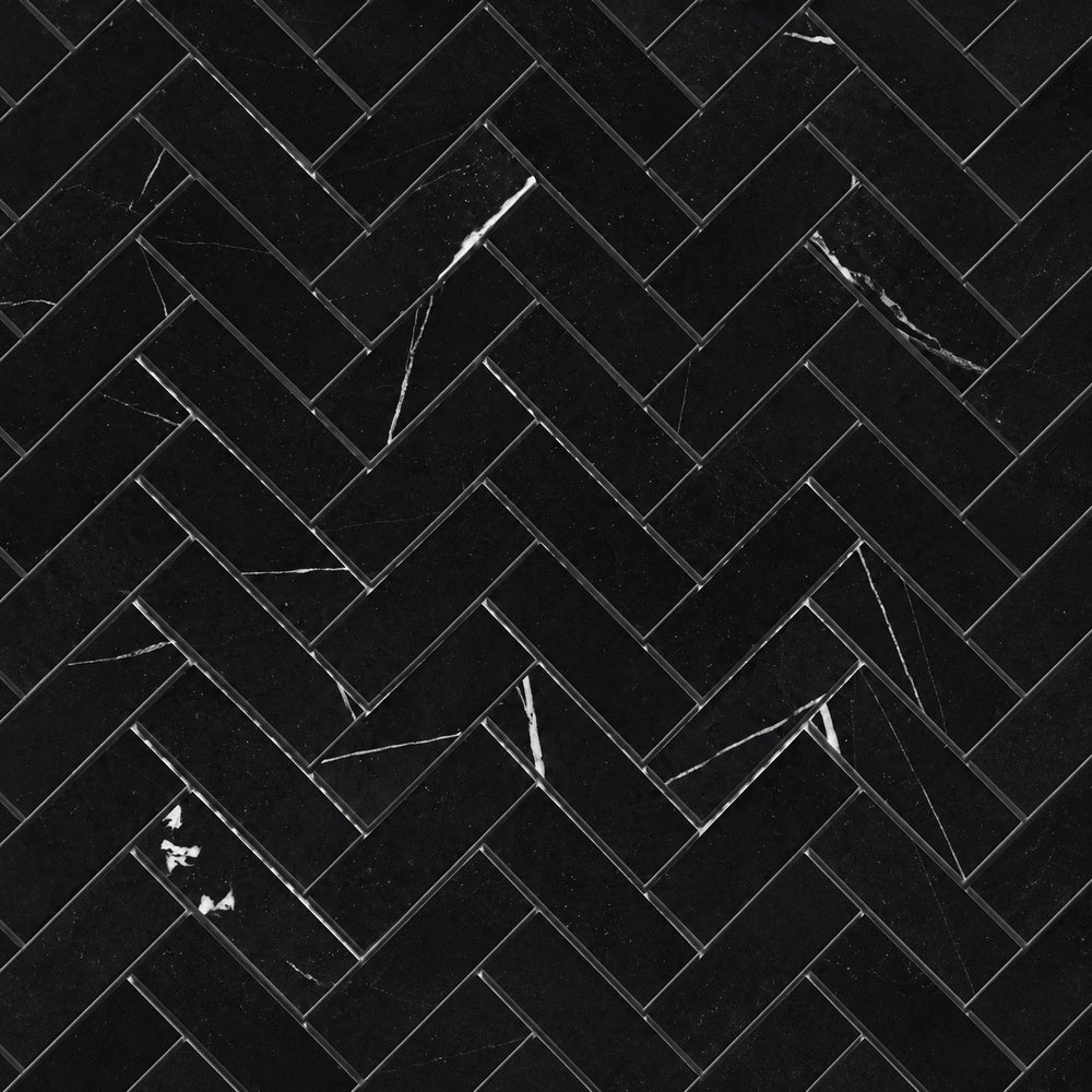 Nero Marquina 1x3 herringbone marble mosaic installed close-up
