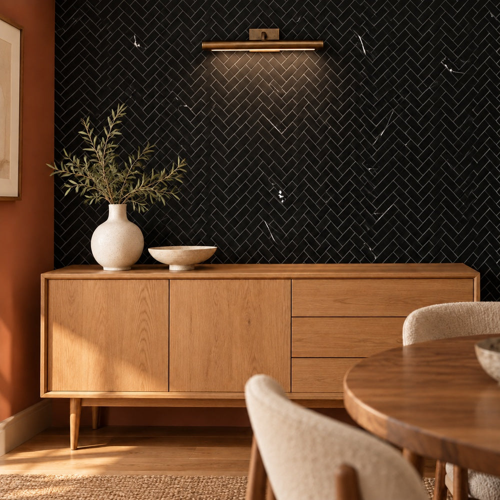 Nero Marquina 1x3 herringbone marble mosaic dining room wall installation