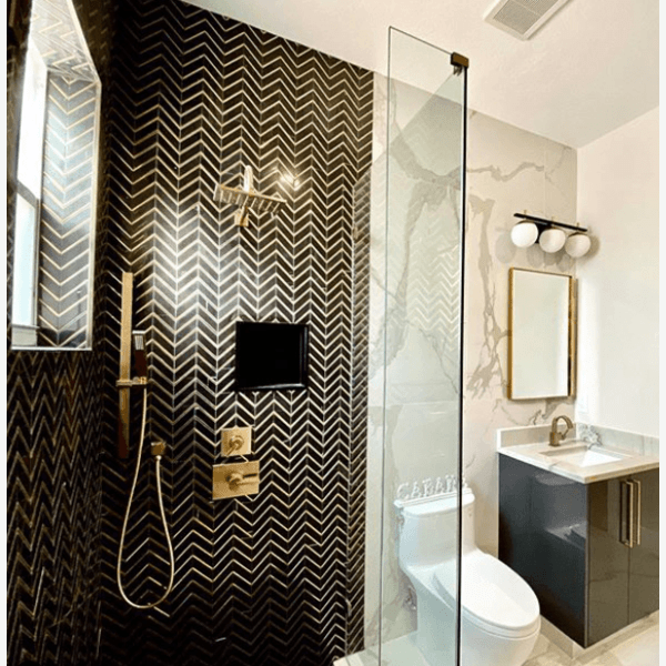 Glam Nero Marquina + Gold Brass 10x12 Glossy Chevron Marble Tile