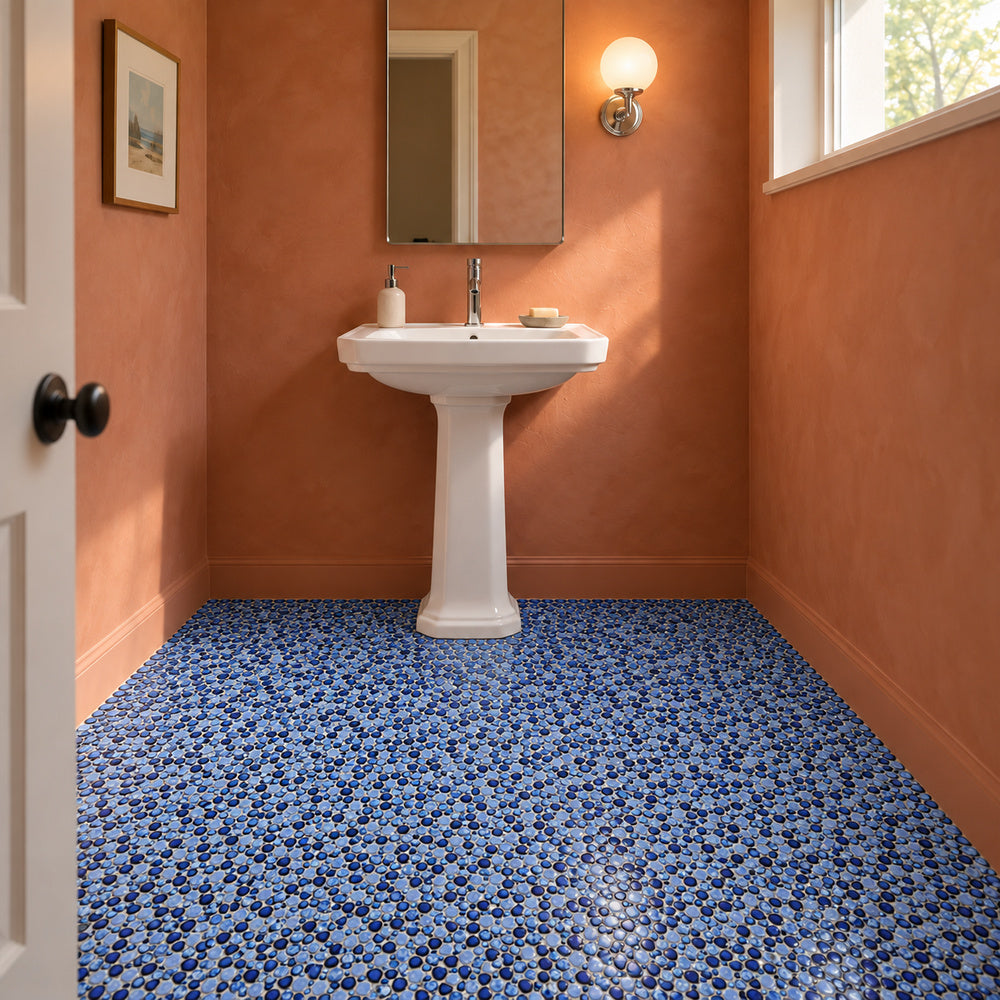 Nevis Azure Pebble Mosaic installed bathroom scene 2