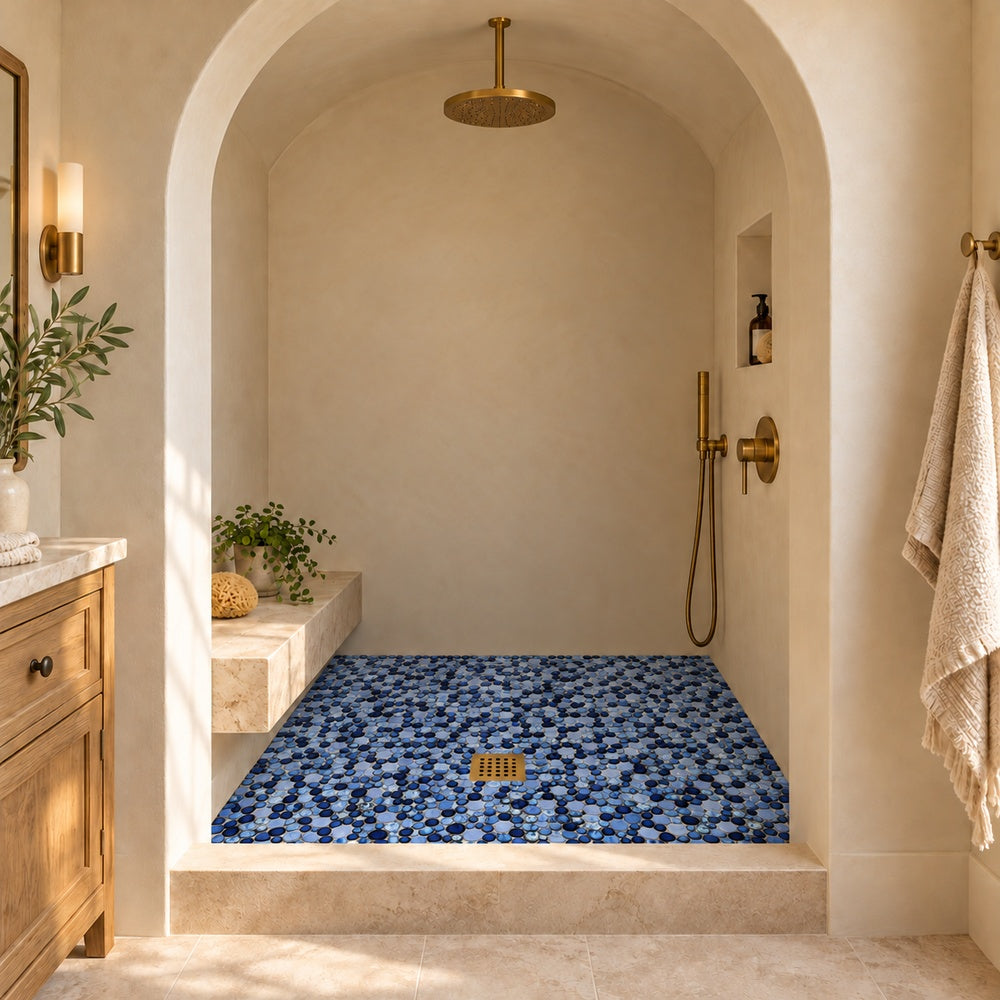 Nevis Azure Pebble Mosaic installed room scene 1 corrected scale