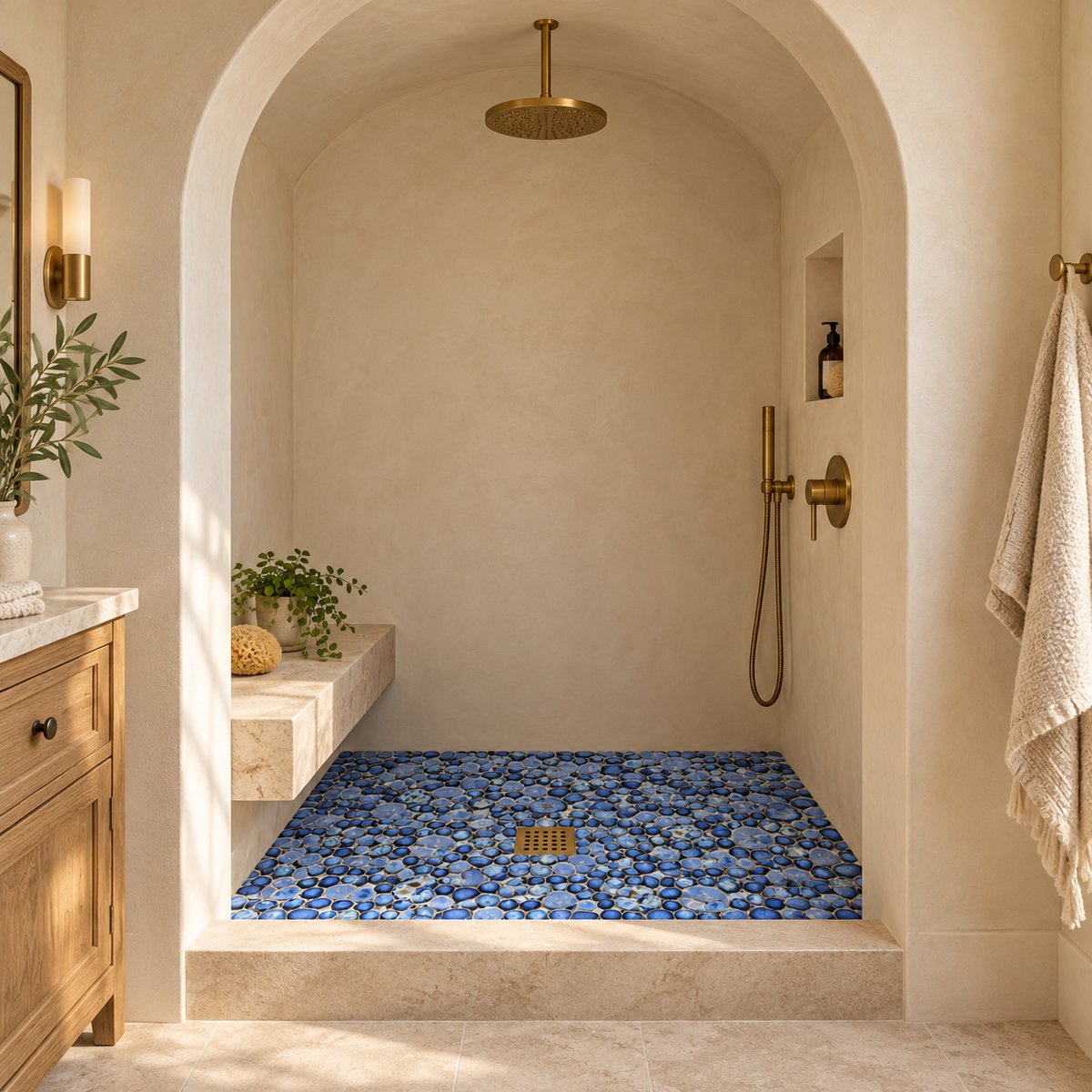 Nevis Azure Pebble Mosaic room scene with corrected small pebble scale
