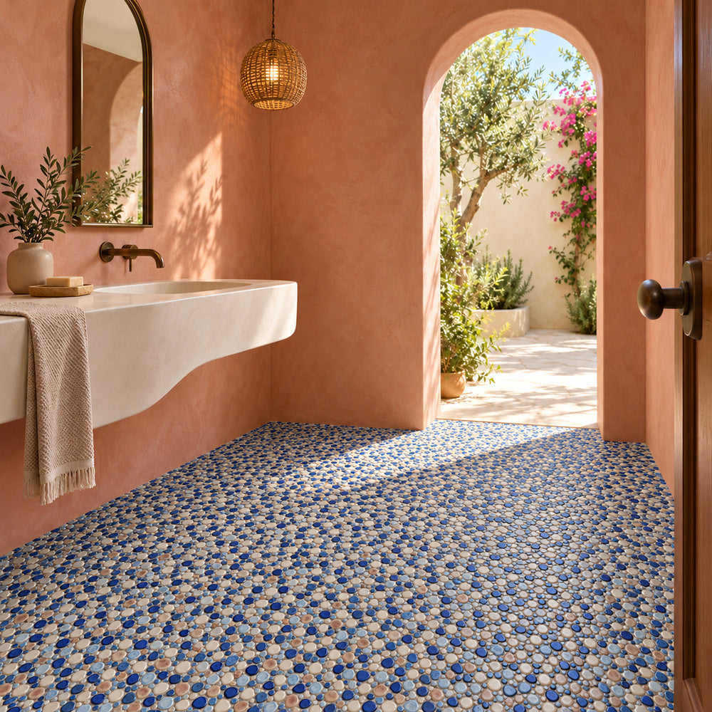 Nevis Beach Sand Pebble Mosaic installed with small irregular mosaic chips, room scene 1