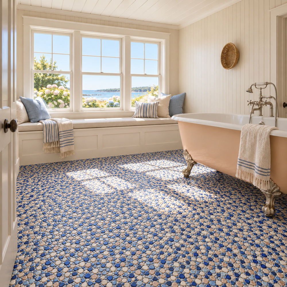 Nevis Beach Sand Pebble Mosaic installed with small irregular mosaic chips, room scene 2