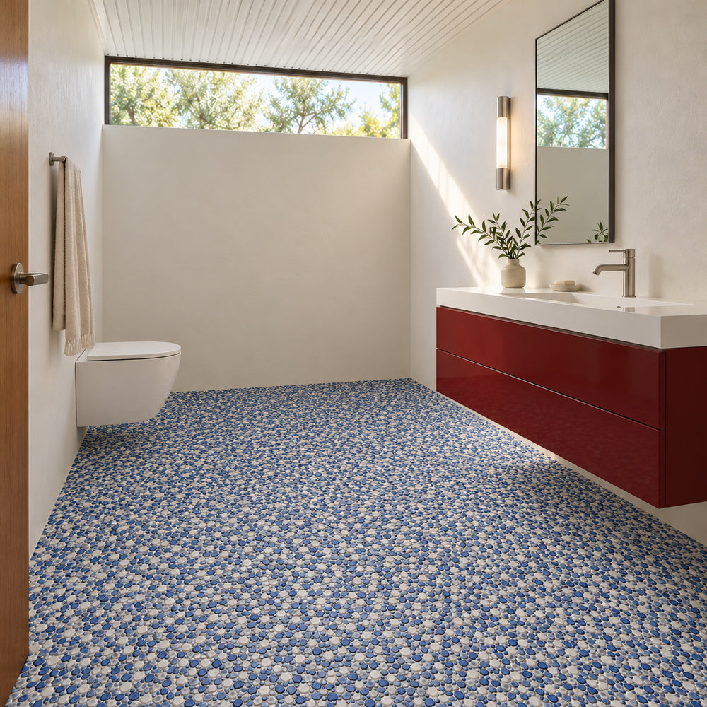 Nevis Bit of Blue Pebble Mosaic installed with small irregular mosaic chips, room scene 1