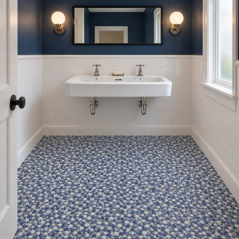 Nevis Bit of Blue Pebble Mosaic installed with small irregular mosaic chips, room scene 2