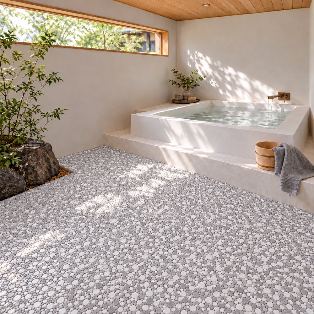 Nevis Cool Gray Pebble Mosaic installed room scene 2 with corrected chip scale