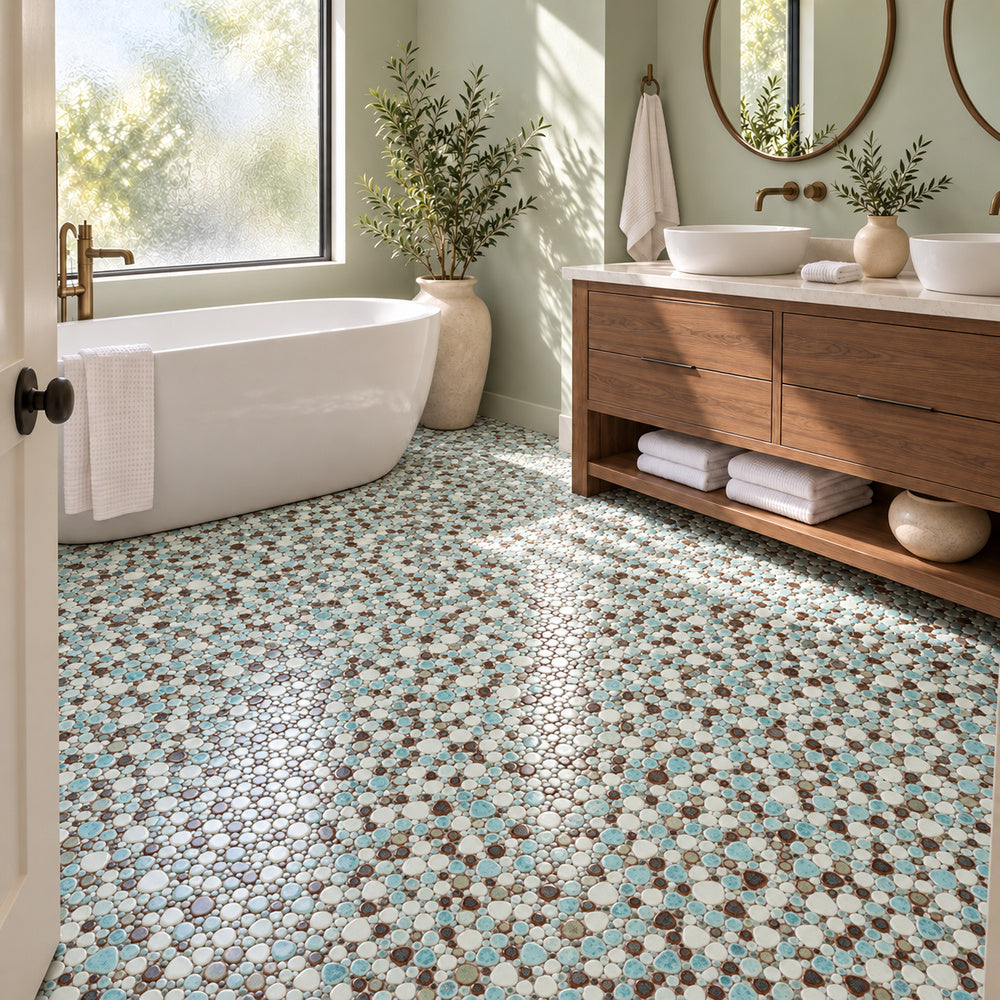 Nevis Dusty Jade Green Pebble Mosaic small irregular mosaic on bathroom floor