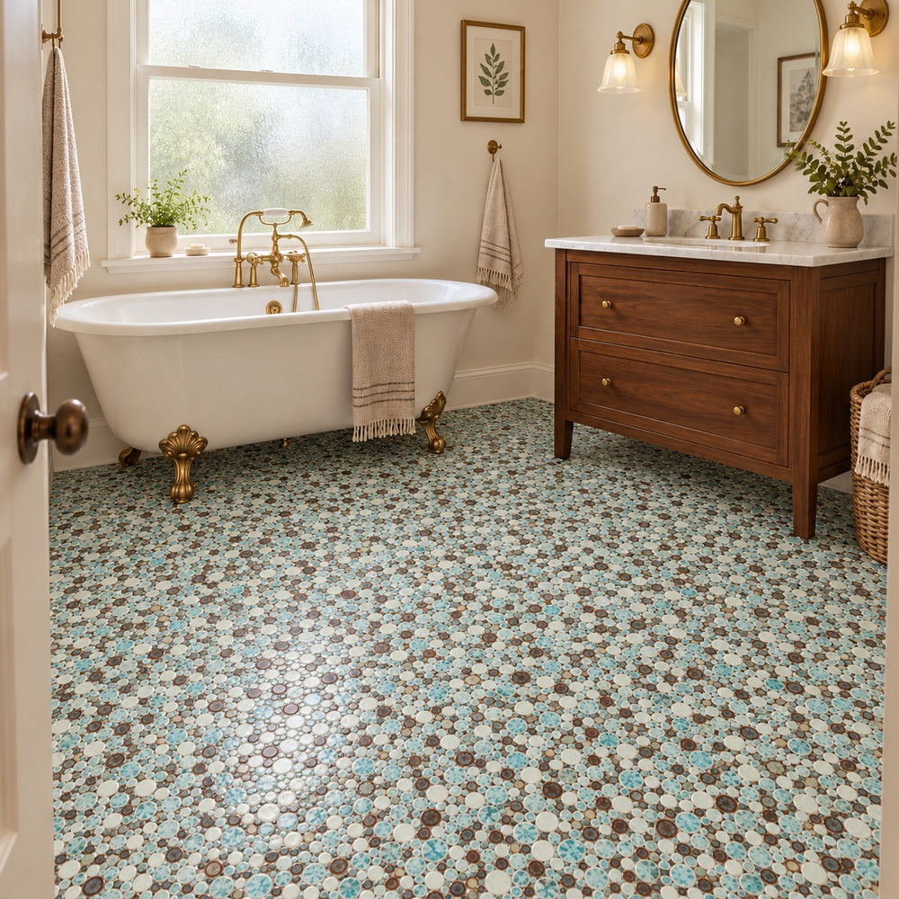 Nevis Dusty Jade Green Pebble Mosaic installed room scene 1 corrected scale