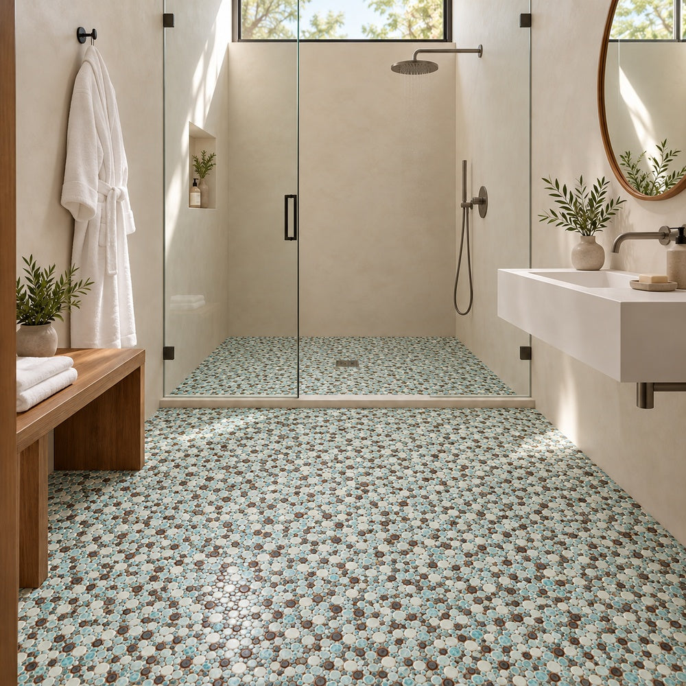 Nevis Dusty Jade Green Pebble Mosaic installed room scene 2 corrected scale
