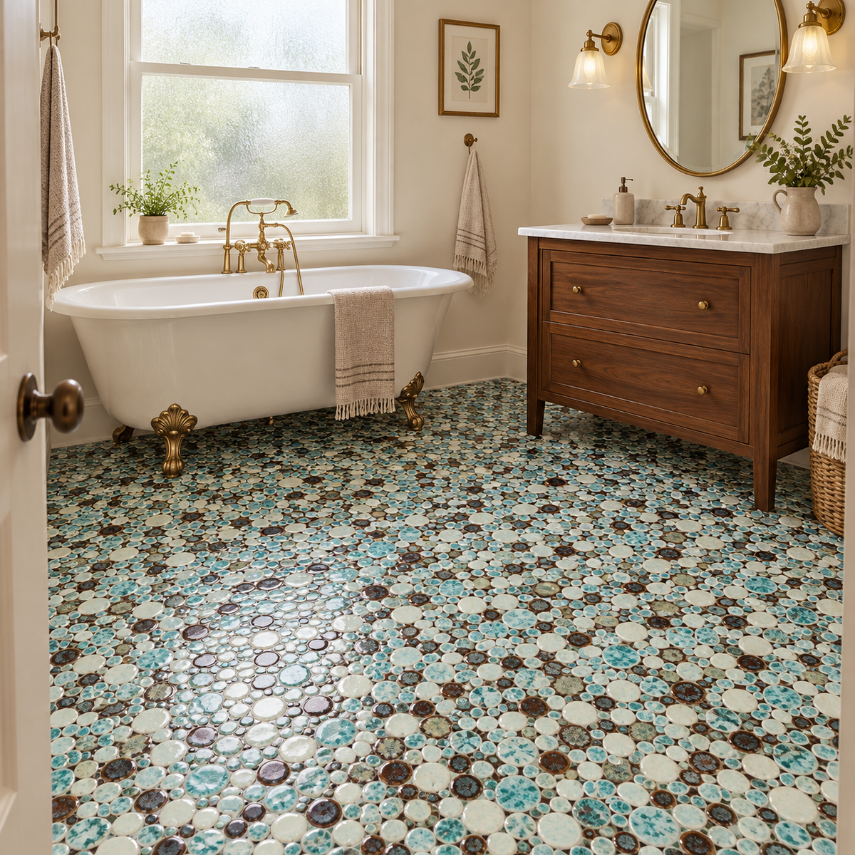 Nevis Dusty Jade Green Pebble Mosaic full room installation view 1