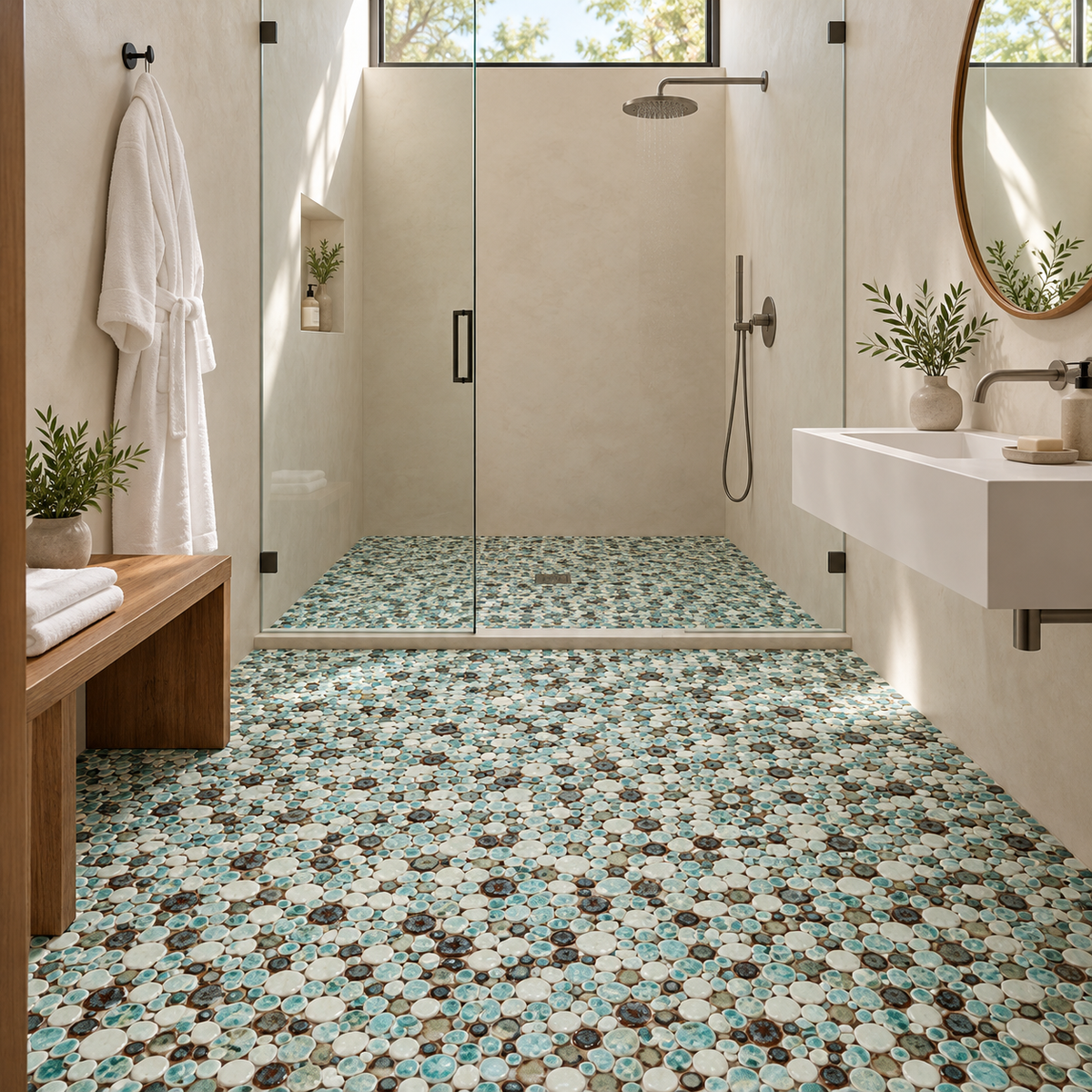 Nevis Dusty Jade Green Pebble Mosaic full room installation view 2