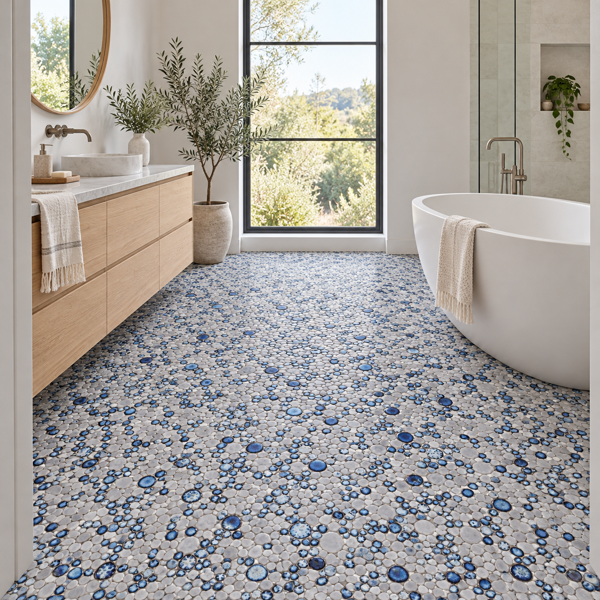 Nevis Gray Dawn Pebble Mosaic full room installation view 1