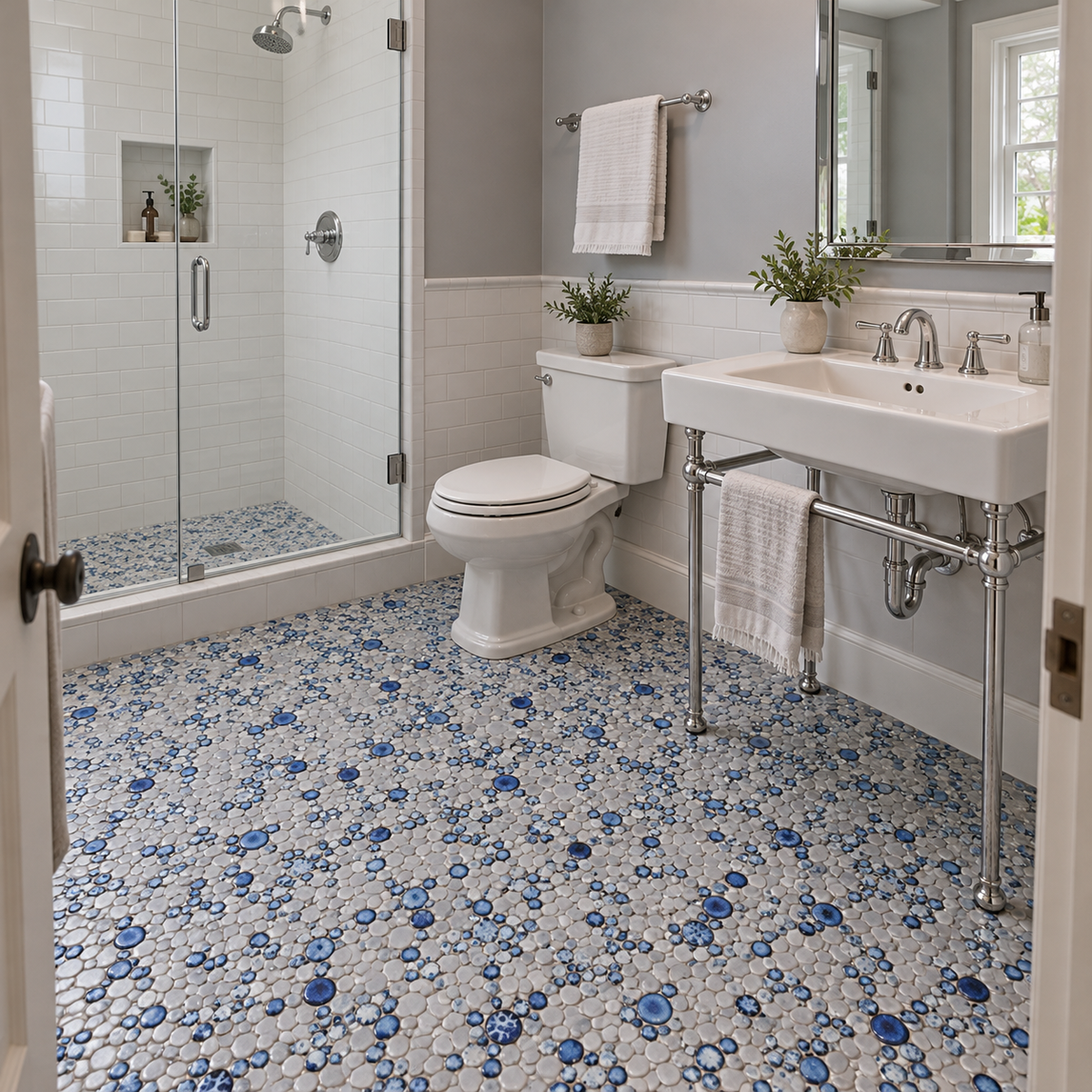 Nevis Gray Dawn Pebble Mosaic full room installation view 2