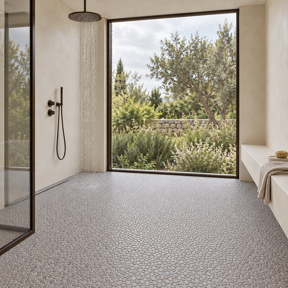 Nevis Gray Violet Pebble Mosaic installed room scene 2 small ceramic mosaic