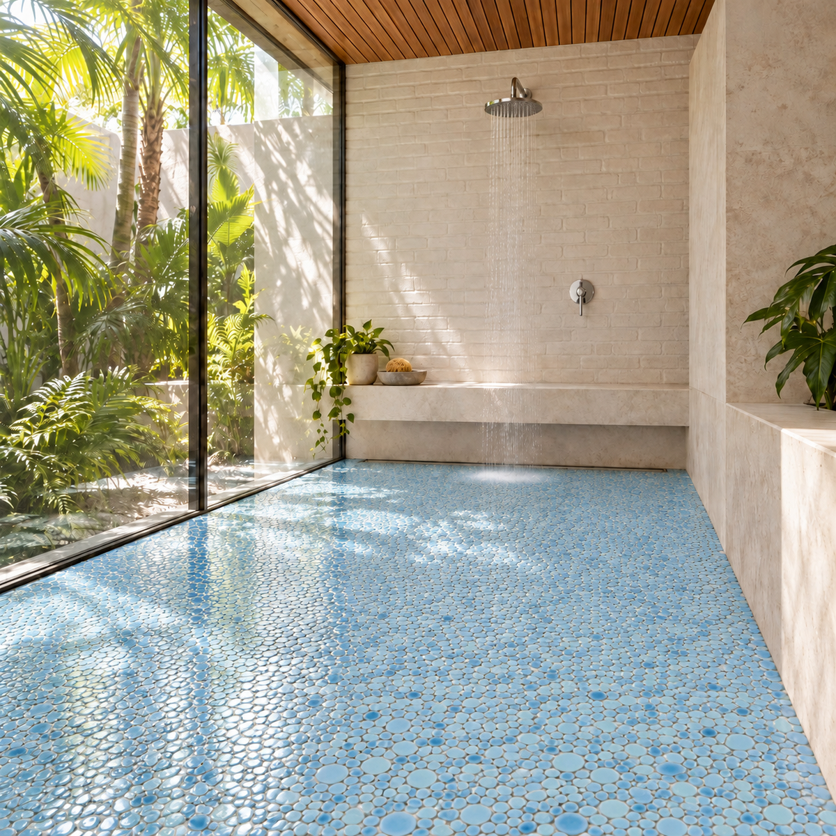 Nevis Jewel Blue Pebble Mosaic room scene with corrected small pebble scale