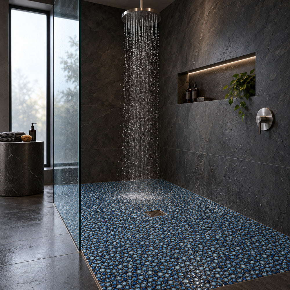 Nevis Lake Pebble Mosaic installed bathroom scene 1