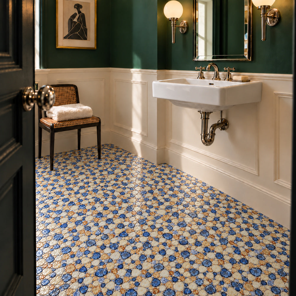 Nevis Mystic Blue Pebble Mosaic installed in a distinctive bathroom, room scene 2