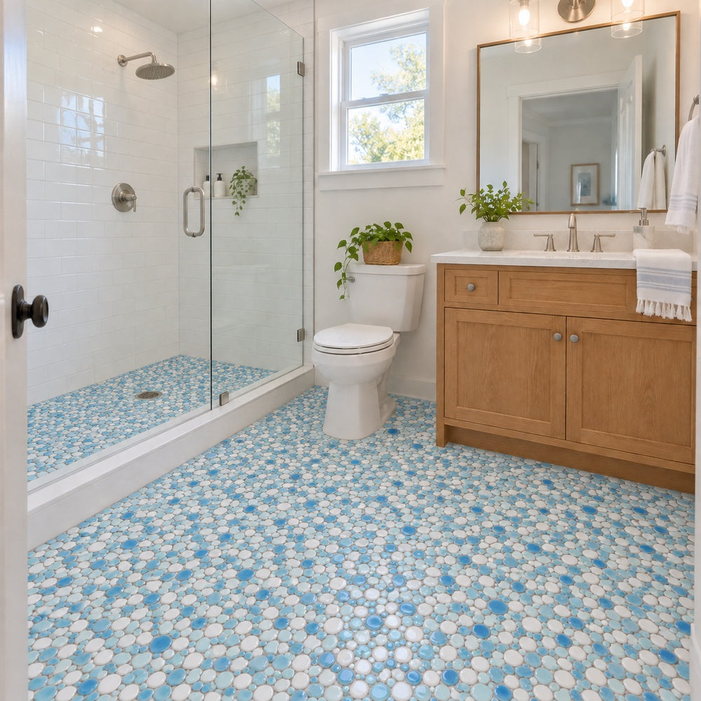 Nevis Pastel Turquoise Pebble Mosaic installed room scene 2 with corrected chip scale