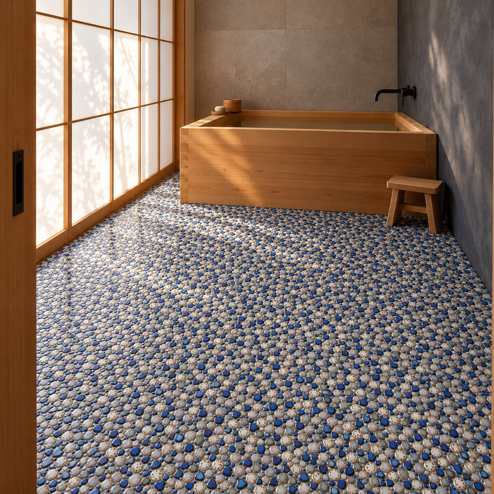 Nevis Pearl Blue Pebble Mosaic installed with small irregular mosaic chips, room scene 1
