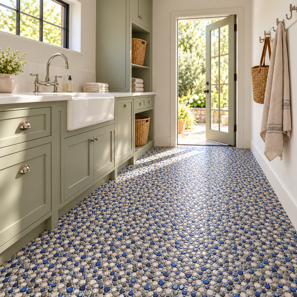 Nevis Pearl Blue Pebble Mosaic installed with small irregular mosaic chips, room scene 2