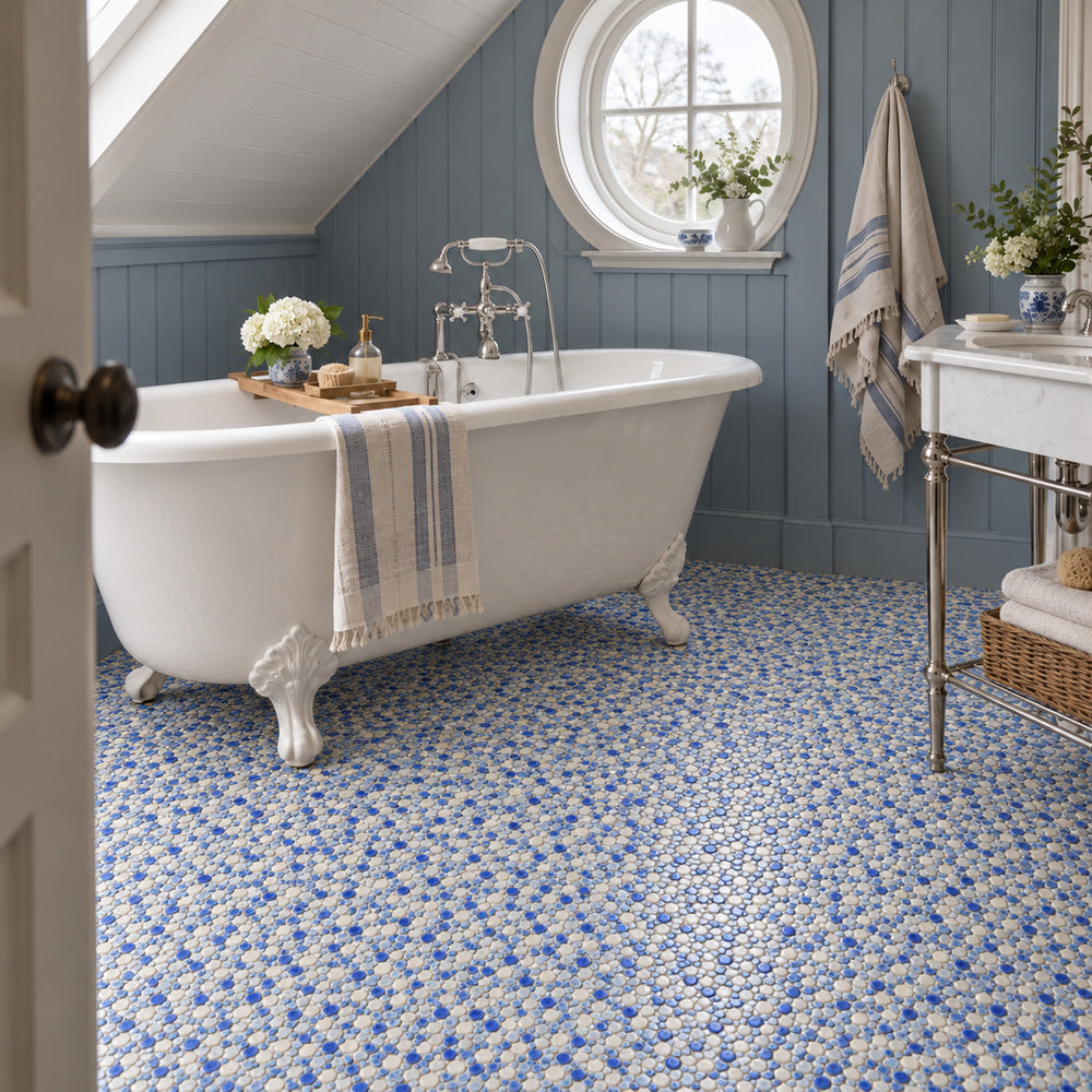 Nevis Sapphire Pebble Mosaic installed bathroom floor with small mosaic chips