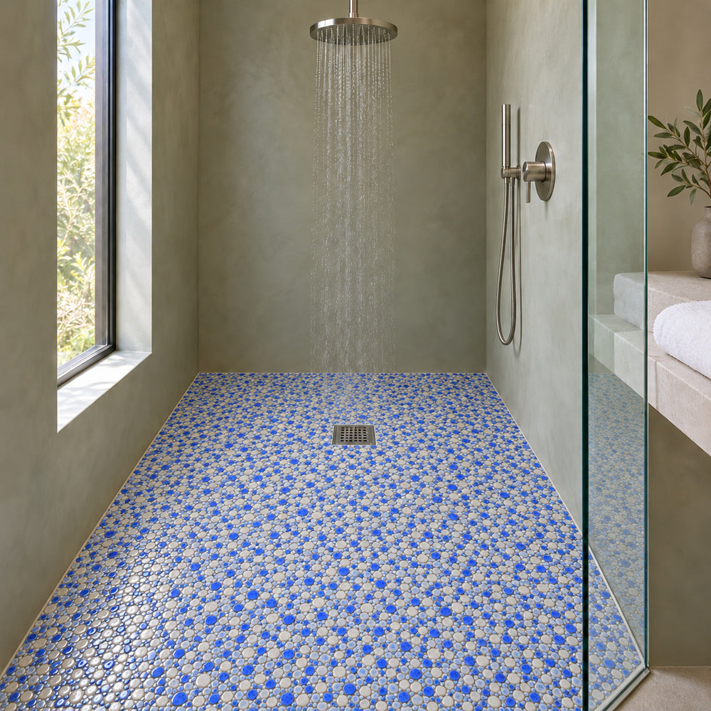 Nevis sapphire small ceramic pebble mosaic installed shower floor