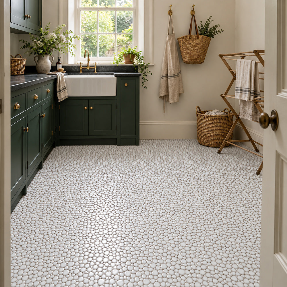 Nevis Whisper White Pebble Mosaic installed room scene 2 with small ceramic mosaic chips