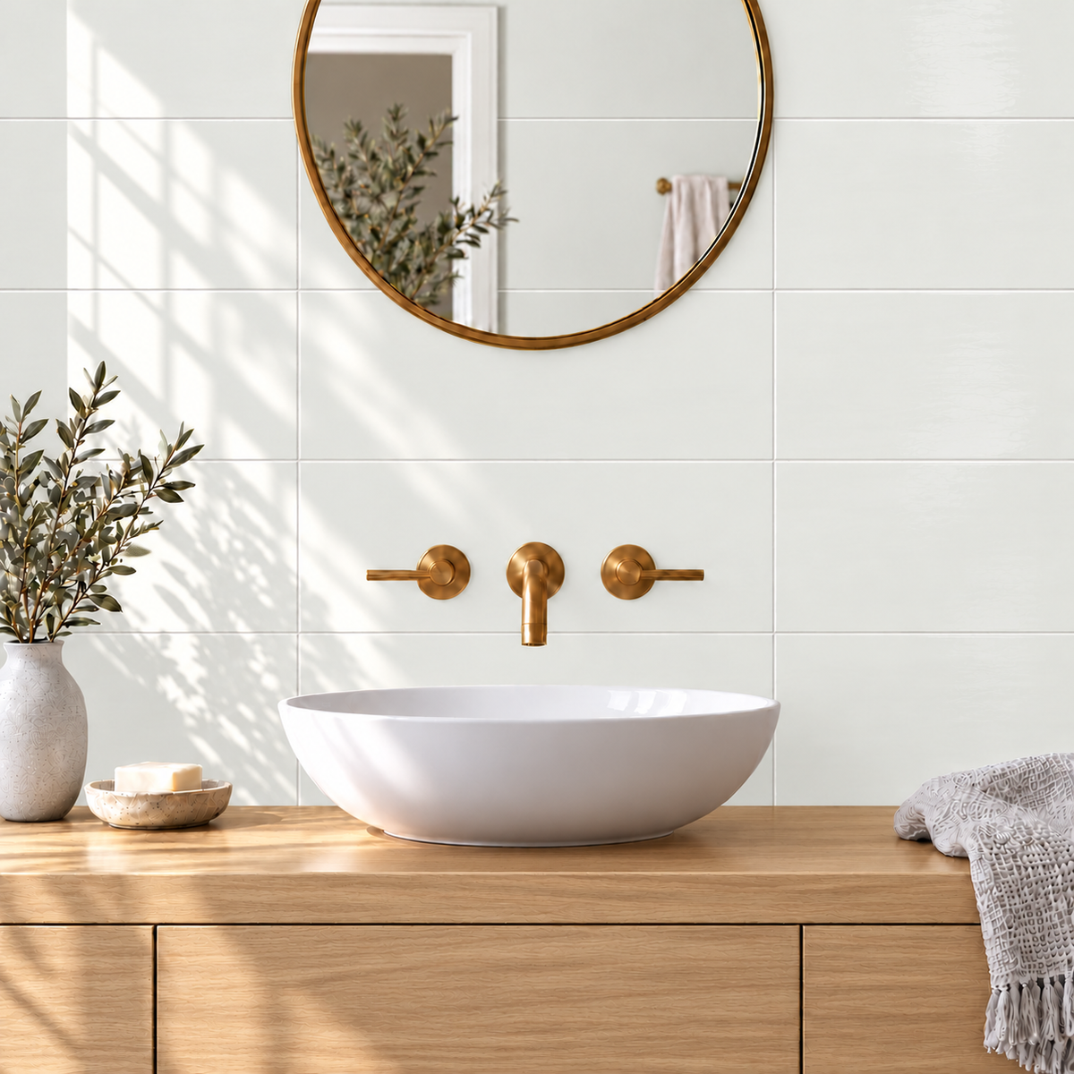 Nolara Blanco 6x18 ceramic tile – bathroom vanity scene with corrected tile scale