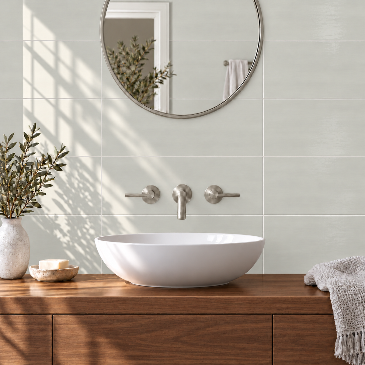 Nolara Gris 6x18 ceramic tile – bathroom vanity scene with corrected tile scale
