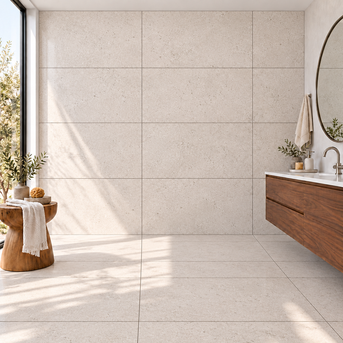 Nordell Sand 24x48 porcelain tile – bathroom wall and floor scene