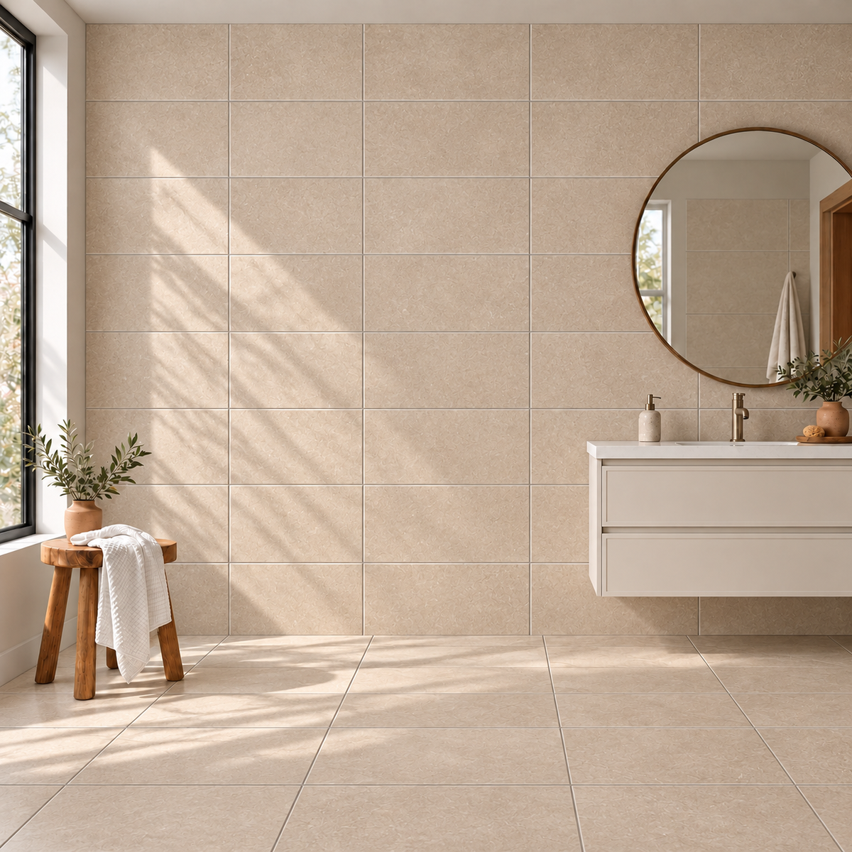 Nordell Tan 12x24 porcelain tile – bathroom wall and floor scene