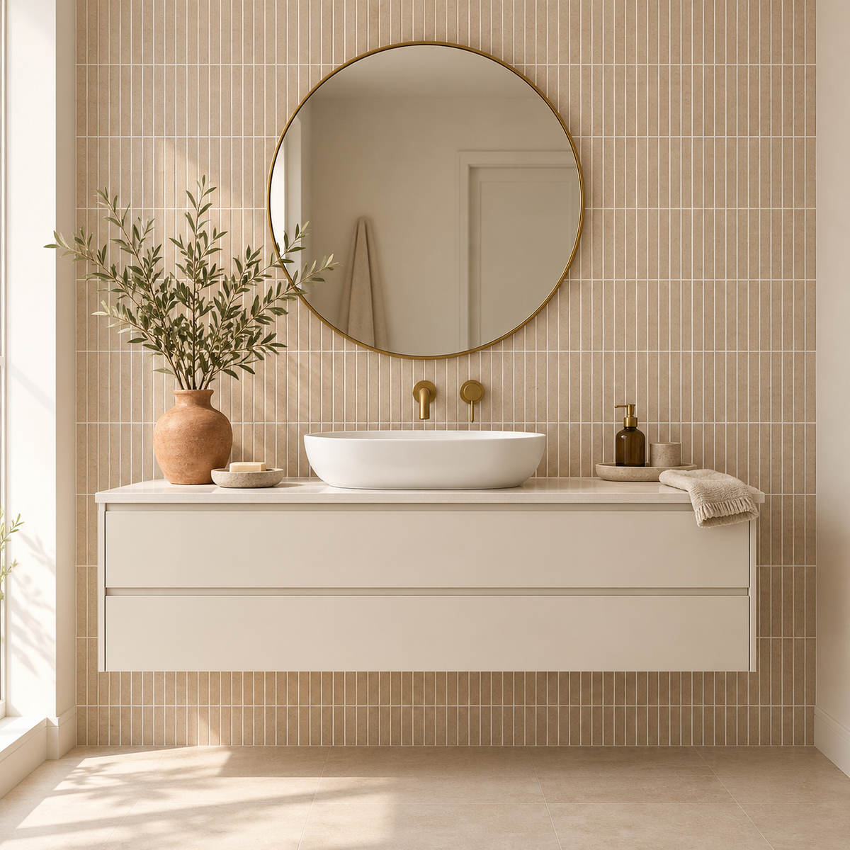 Nordell Tan 12x12 mosaic porcelain tile – bathroom wall scene