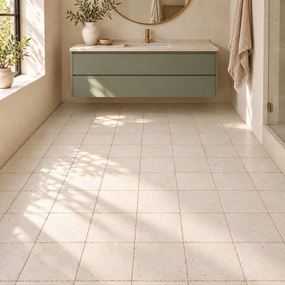 Oceanique Amande 8x8 Porcelain Tile – bathroom floor scene